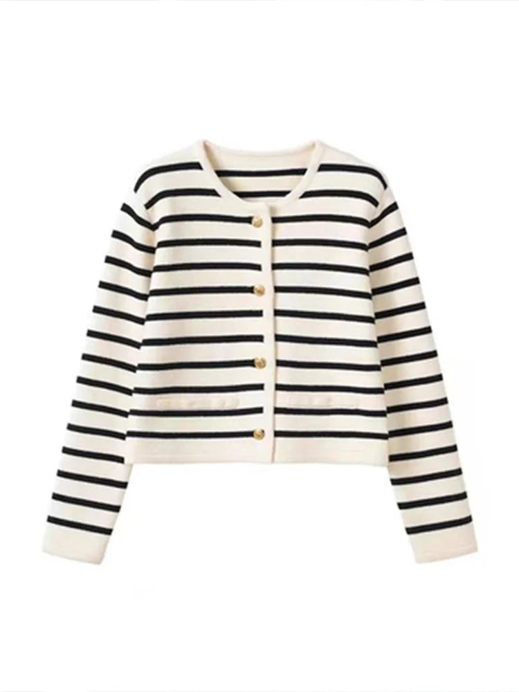 AOSSVIAO New 2026 Women Spring Autumn Sweaters O-neck Stripe Knitted Cardigan Fashion Long Sleeve Casual Short Tops Korean Style
