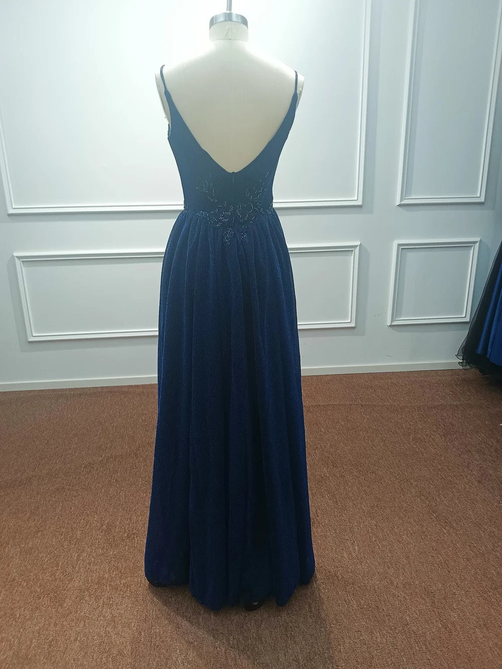 Elegant Appliques Beadings Backless Shiny Navy Blue Evening Dresses For Women 2025 A Line Prom Gowns Formal Party Robe De Soiree