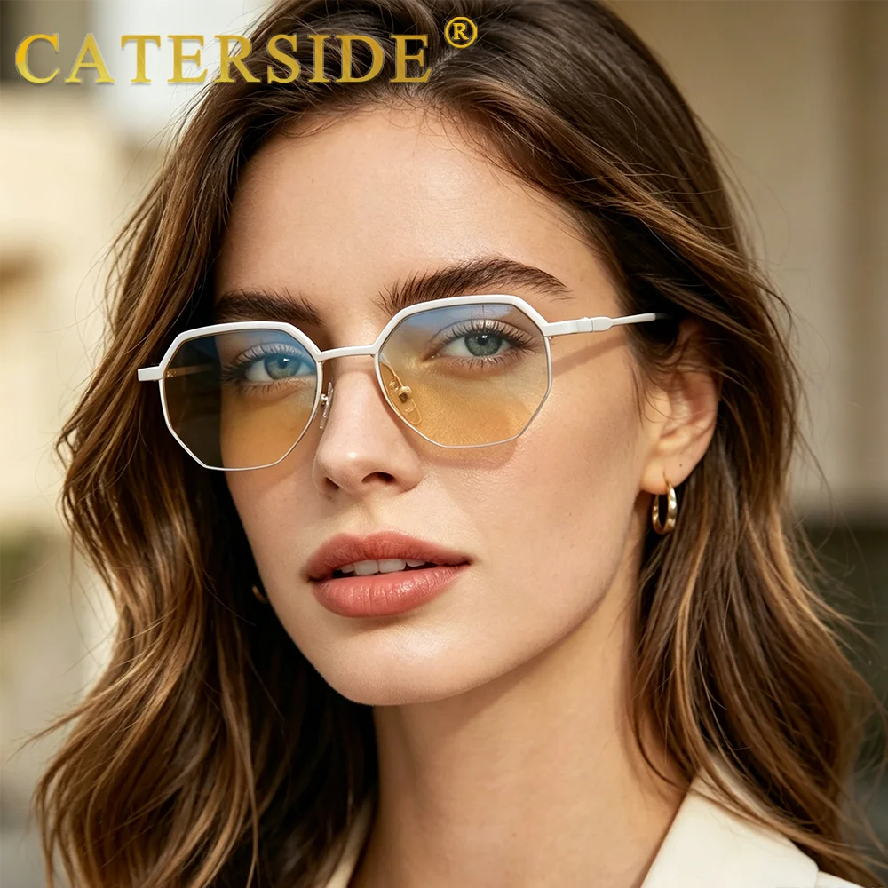 CATERSIDE Retro Polygon Sunglasses Men Metal Semi Rimless Sun Glasses Uv400 Women Outdoor Protection Driving Decorative Eyewear