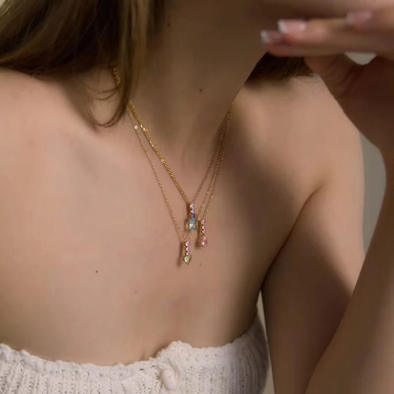 Fashion Exquisite Colorful Heart Zircon Geometric Pendant Necklace For Women 18K Gold Plated Stainless Steel Necklace Jewelry