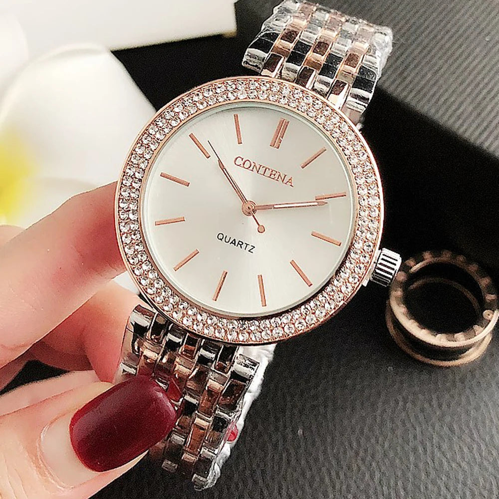 Contena Brand Luxury Women's Watch Fashion Rhinestones Stainless Steel Quartz Watch Simple Elegant Ladies Watch Reloj Mujer
