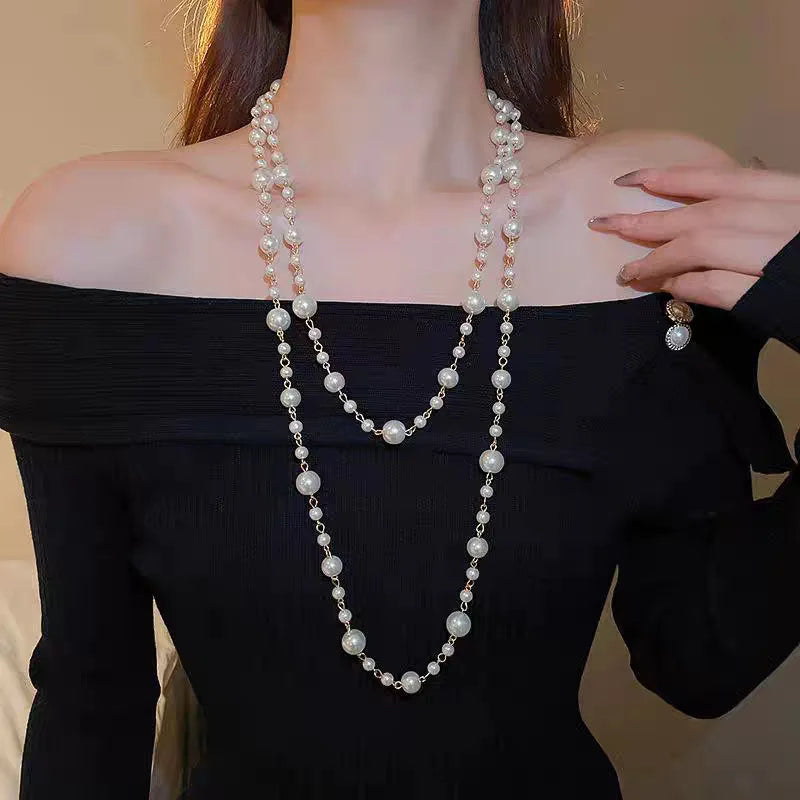 SKEDS Women  Elegant Classic Long Pearl Necklace Chains Vintage Lady Wedding Party Exquisite Multi-Layers Necklaces Jewelry