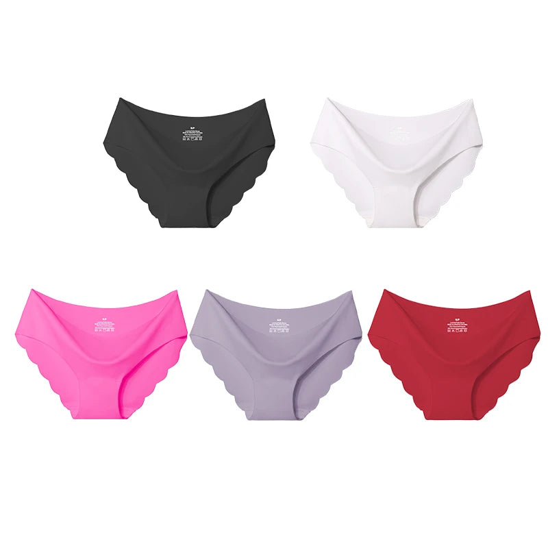 5PCS Women's Summer Ultra-Thin Ice Silk Underwear Seamless Comfort Large Size Briefs Solid Color Wave Underpants Female Lingere