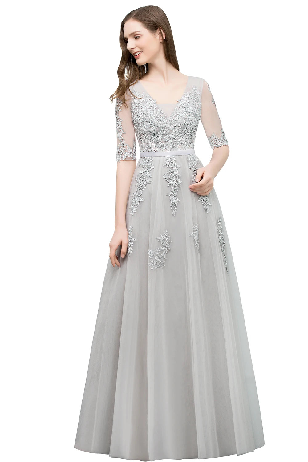 Elegant Half Sleeve Evening Dresses Lace Appliques A-Line Long Tulle Strap V-Neck Sheer Backless Prom Dress Empire Party Gowns