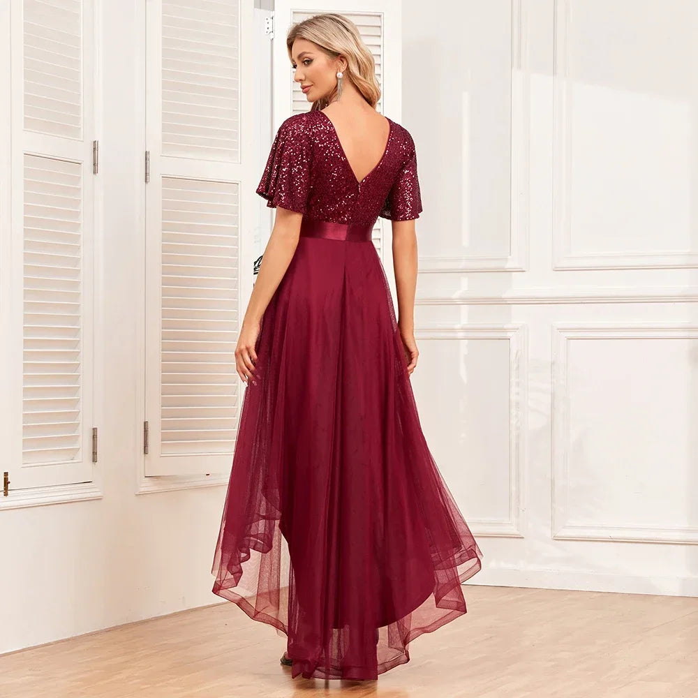 Women Elegant V-neck Ruffle Short Sleeve Evening Dress A-Line Fluffy Gauze Irregular Party Dress Formal Dress Vestidos De Gala