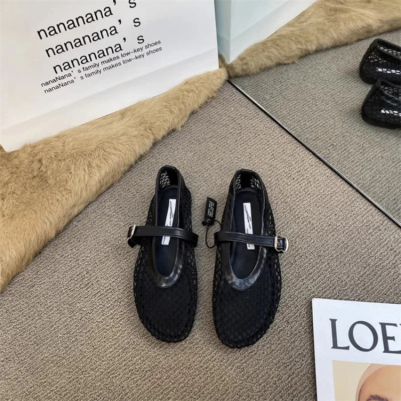 2025 New Hollow Mesh Women's Flat Ballet Shoes - Casual Fashion Versatile Breathable Fishnet Sandals
