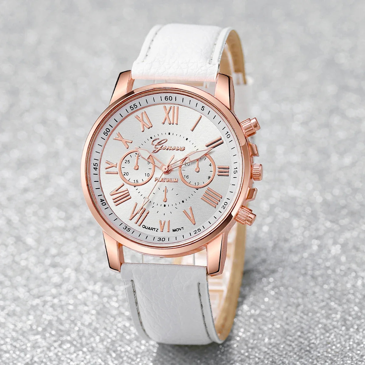 Rose Gold White Leather Ladies Watch Set Chronograph Clock Cubic Zirconia Bracelet Necklace Earrings Ring Jewelry Kit For Women