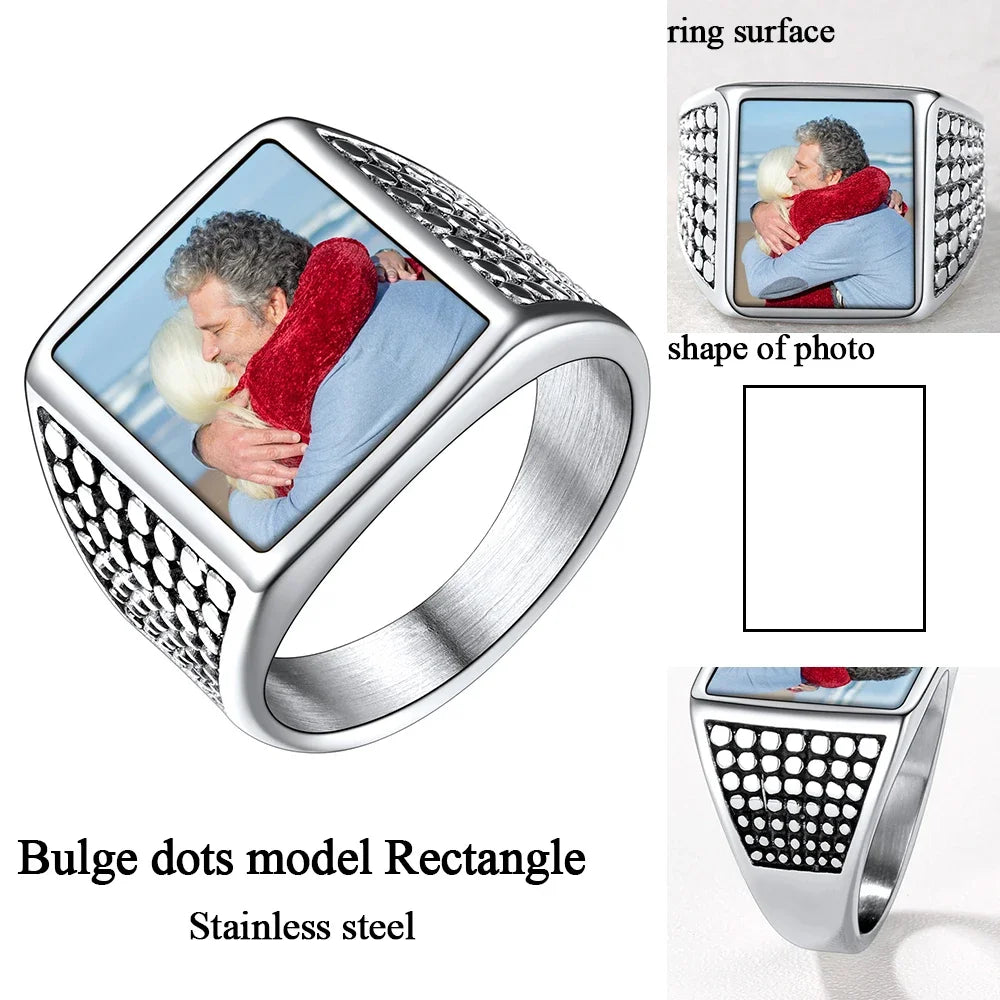 U7 Custom Photo Rings for Men Woman 316L Stainless Steel Logo Symbol Image Family Photo Square Round Heart Personalized Jewelry