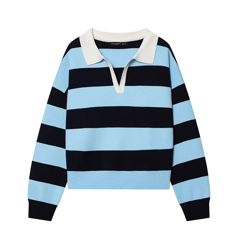 Women's 2026 New Knitted Striped Sweater Polo neck Pullover Spring Fashion Loose Elegant Warm Young Women Sweater Street Blouses