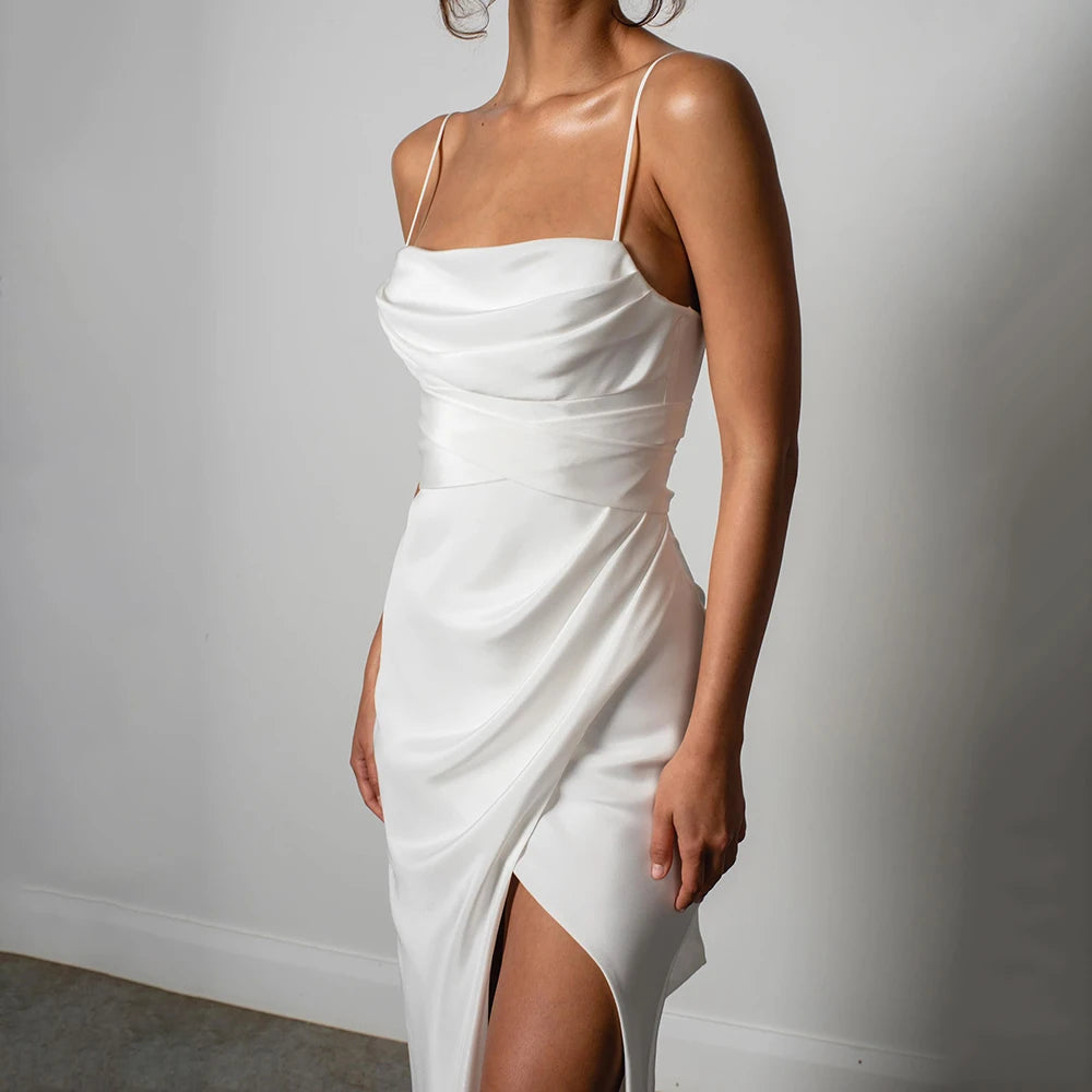 Customized Simple Mermaid White Wedding Dresses Spaghetti Straps High Slit Satin Backless Plain Bridal Gown Sweep Train Vestidos