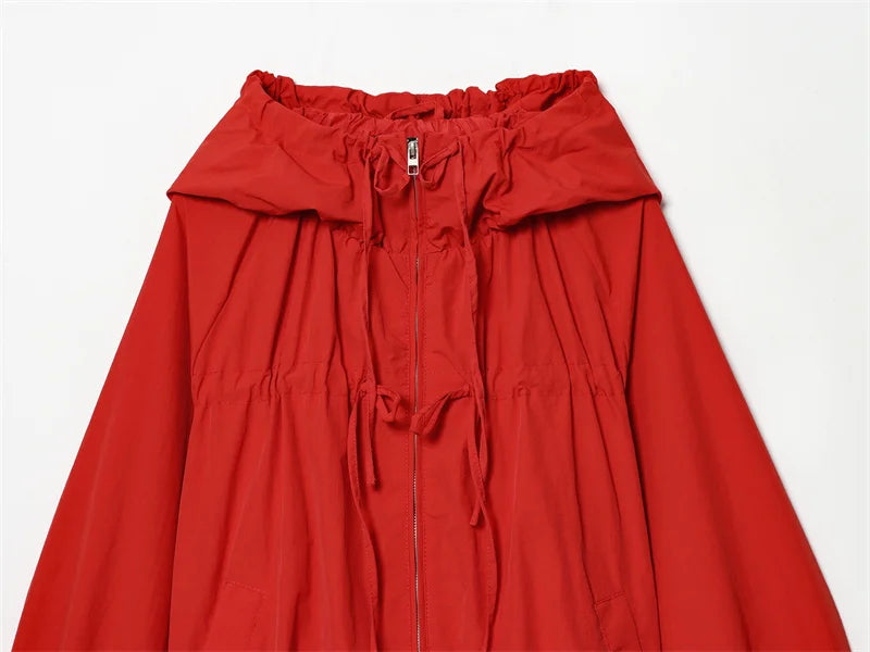 Women's Jacket 2026 Spring New Red Long-Sleeve Drawstring Decorative Festive Hoodie Zipper Cardigan Casual Fashion Versatile
