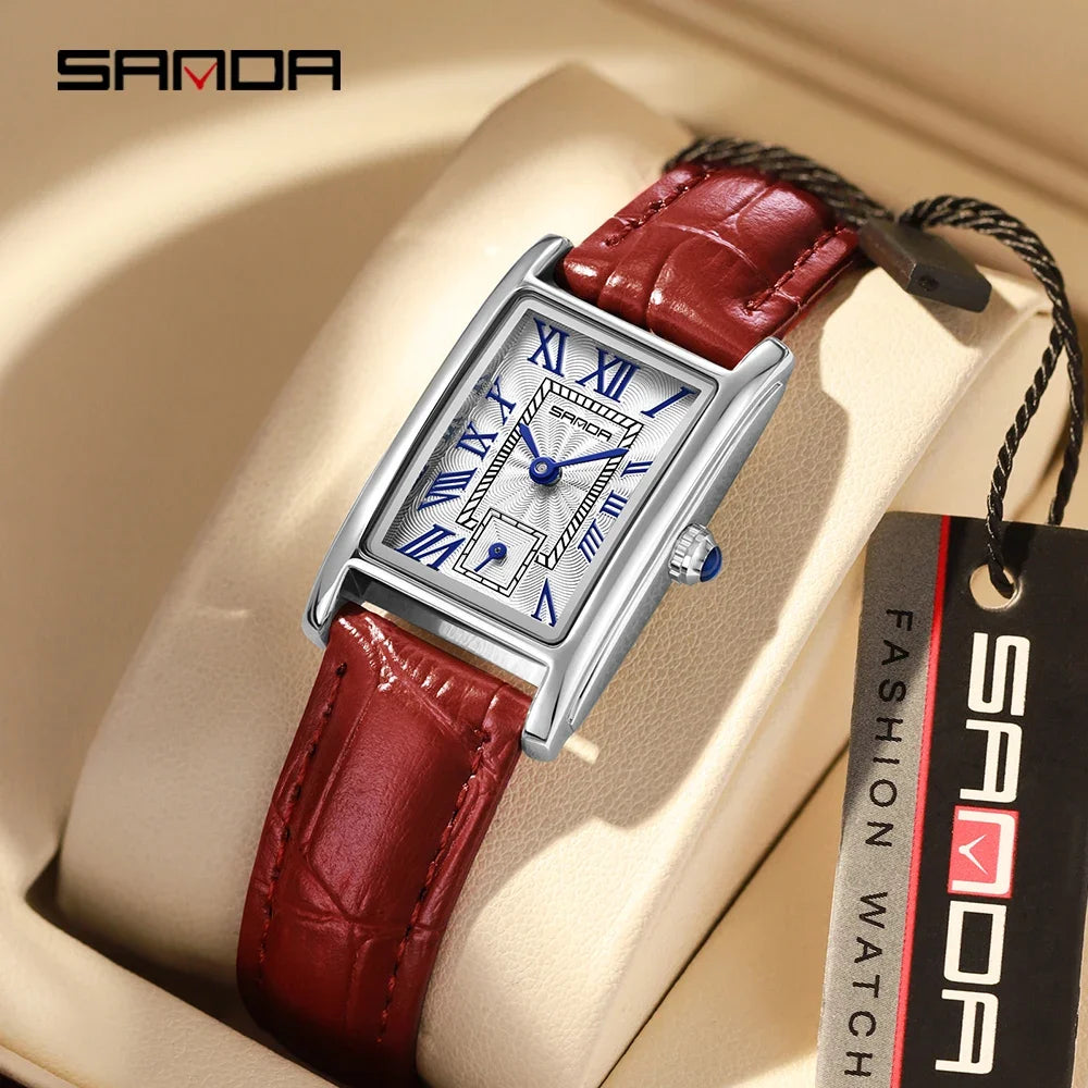Sanda 1116 Women's Quartz Watch Red White Fashion Elegant Rectangle Waterproof Pointer Leather Business Ladies Wristwatches