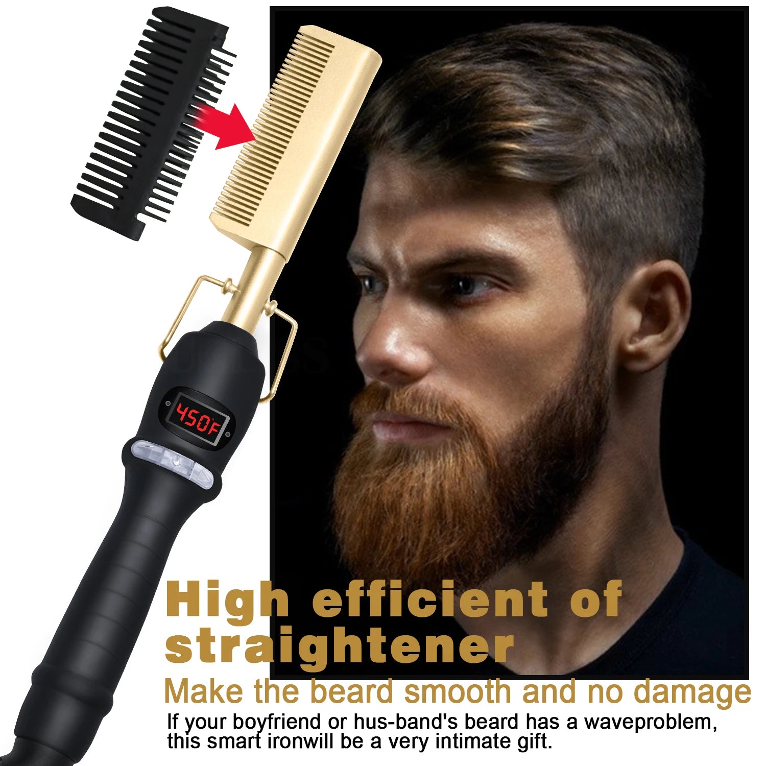 2 in1 Hot Comb Hair Straightener Electric Heating Comb Fast Heating Portable Travel Anti-Scald Beard Straightener Press Comb