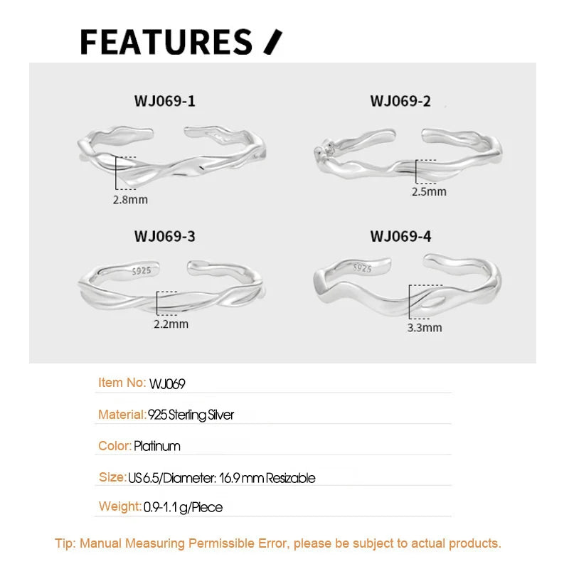 F.I.N.S Stackable Irregular S925 Sterling Silver Thin Circle Open Rings Adjustable Simple Index Mid Finger Punk Fine Jewelry