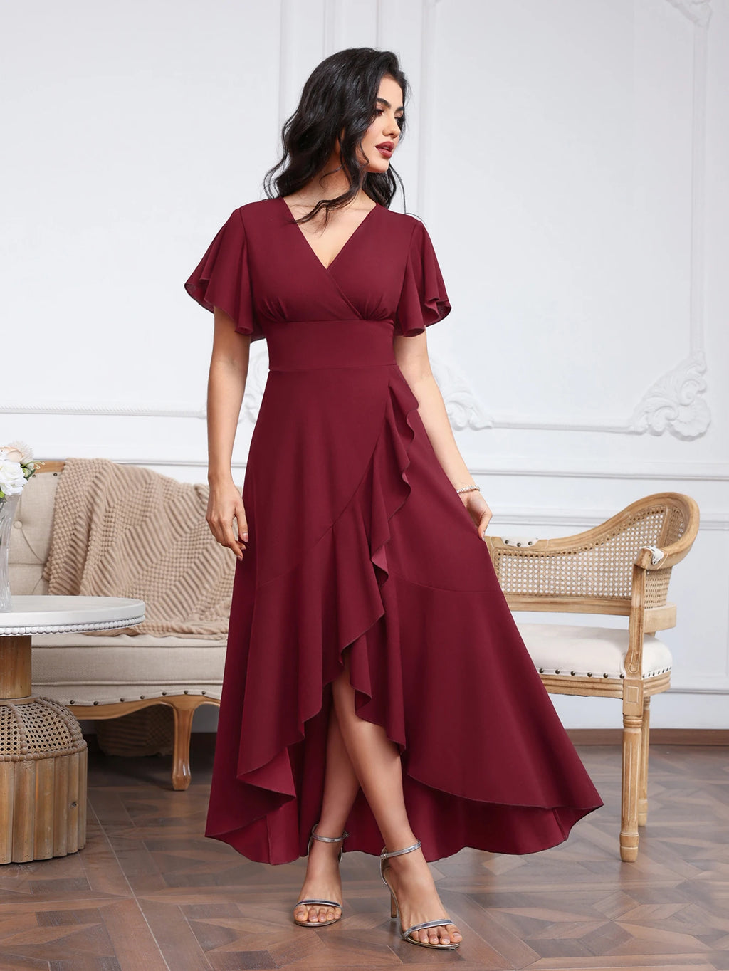 Women's Formal Evening Dresses Tulle Short Sleeve Cross V-Neck Ruffles Prom Dresses Asymmetric High-Low A-Line Split Party Gowns
