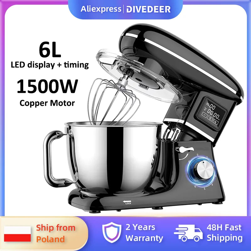 DIVEDEER 6L Multifunctional Household Dough Mixer Electric Chef Machine with Kneading Fermentation LCD Display for Home Kitchen
