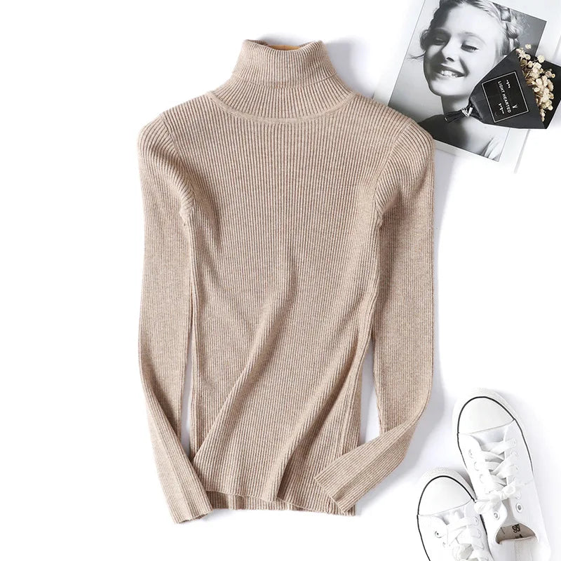 2026 Autumn Winter Women Long Sleeve Knitted Foldover Turtleneck Ribbed Pull Sweater Soft Warm Femme Jumper Pullover Clothes