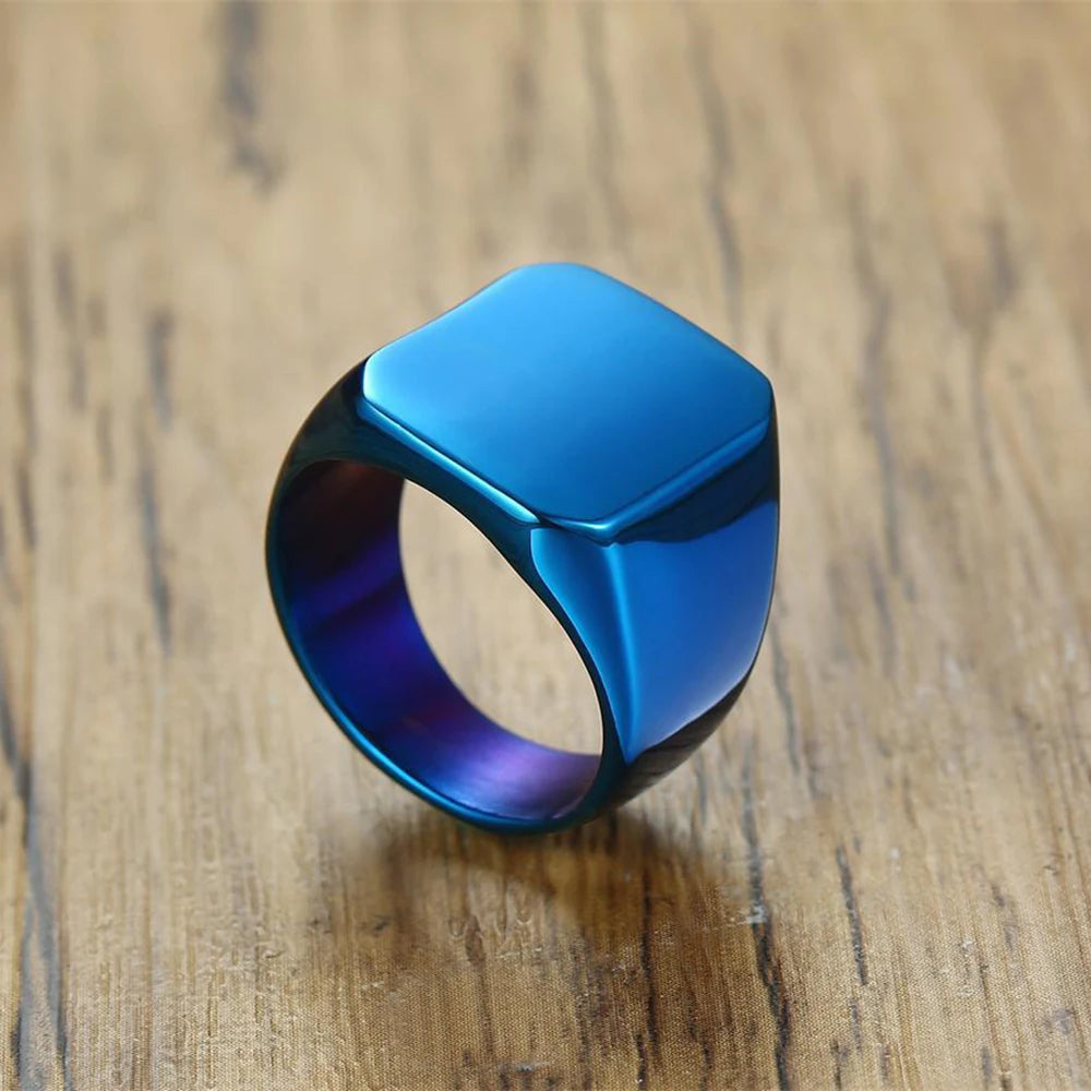Free Engrave New Silver/Gold/Black/Blue Square Big Width Signet Rings For Men Ring Titanium Steel Jewelry