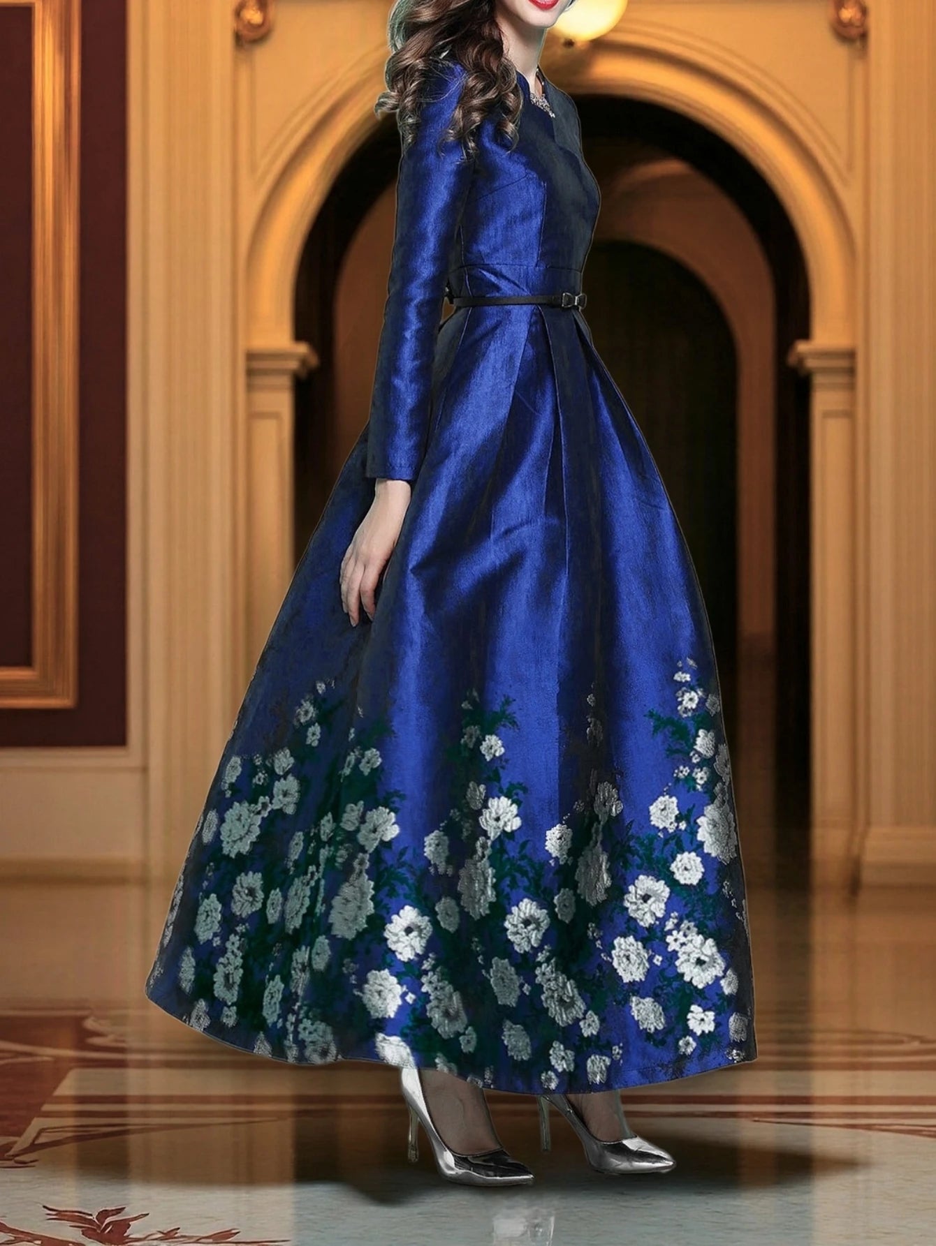 New Model Luxurious and elegant jacquard dress long dress for evening party long-sleeved dress without belt formal dress