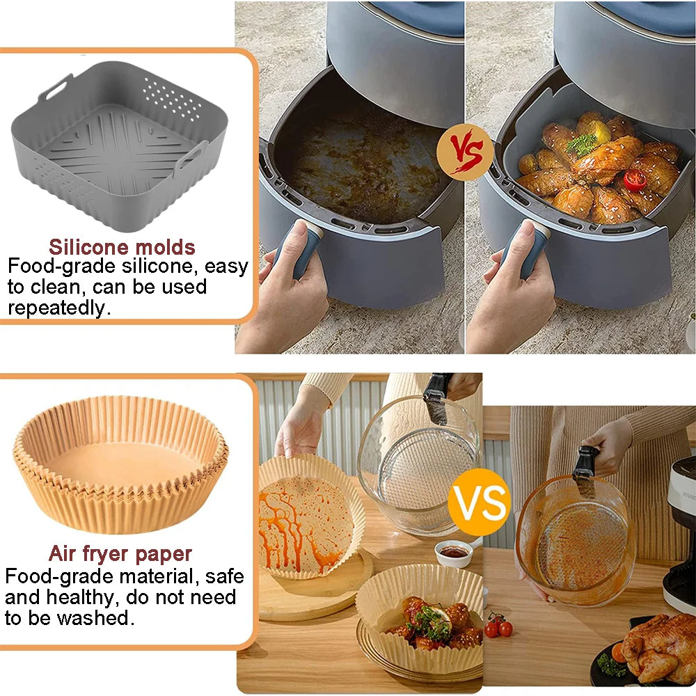 Air Fryer Silicone Mold Set Inculde 23cm Silicone Basket,Cake Mold,Air Fryer Paper for Philips,Cosori,Cecotec,Innsky 5.5-6.4L
