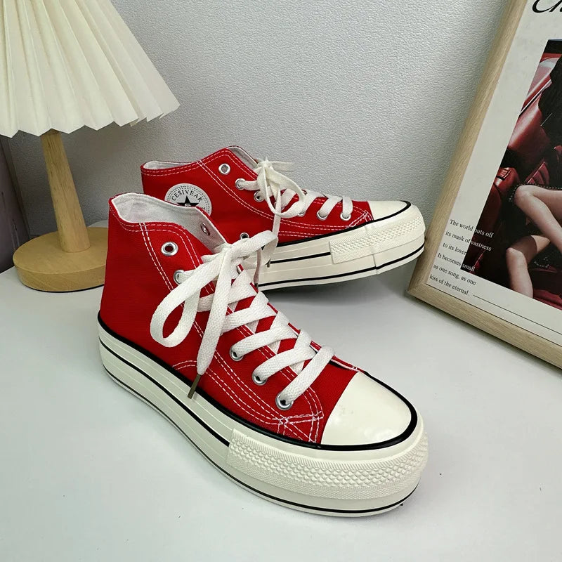 Spring 2026 Women's Thick Bottom Canvas Shoes Pink Casual Style Student Fashion Trend Flat Laced Breathable Cotton Lined Rubb...