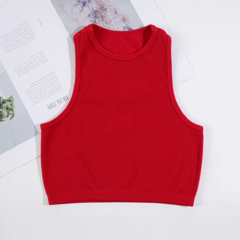 CHRLEISURE Sport Bra Women Rib-Knit Yoga Vest Round Neck Athletic Crop Top Seamless Elastic  Push Up Underwear without Pad