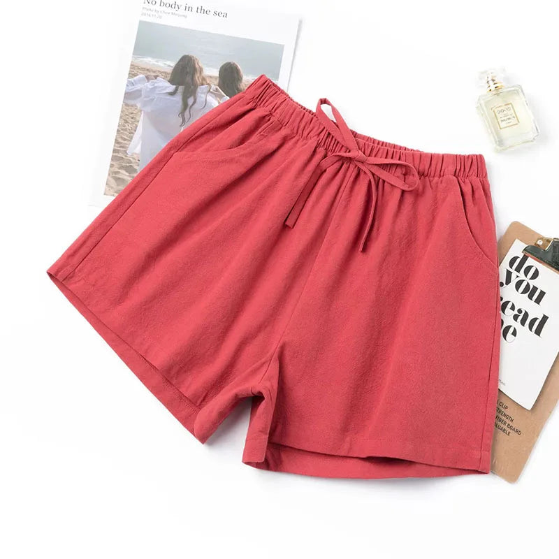 Women Cotton Linen Shorts 2026 New Summer High Waist Casual Sports Shorts Female Solid Color Pocket Loose Beach Hot Short Pants