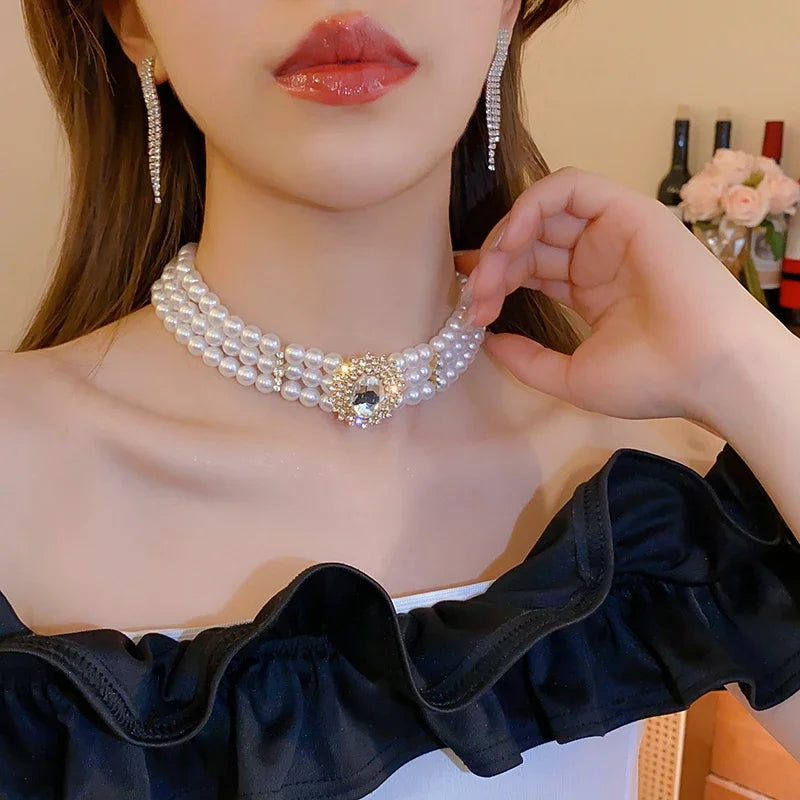 Crystal Rhinestone Oval Multi Layered Beaded Pearl Chokers Necklaces for Women Charms Temperament Elegant Necklace Noble Jewelry