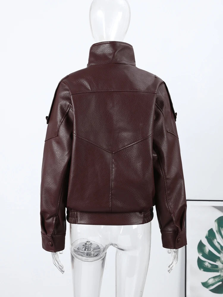 2026 Spring Women's Faux Leather Jacket Brown Black Long Sleeve Stand Collar Thick Loose Lady Coat Fashion Motorcycle Streetwear