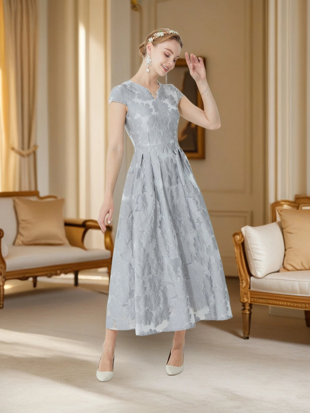 Elegant Gray V-Neck Short-Sleeve Formal Gown with 3D Jacquard Waist-Cinching Design and A-Line Hem Luxury Celebrity Style Dress