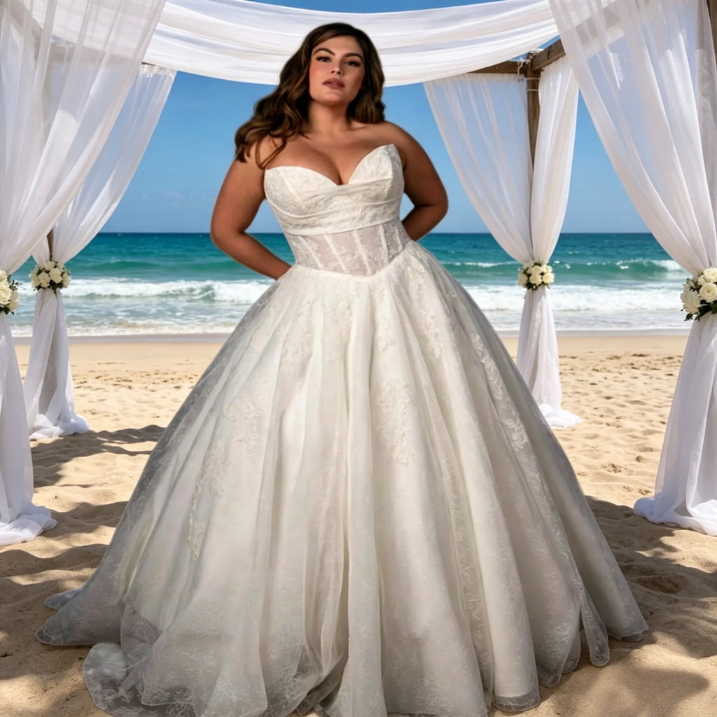 Women Plus Size Sweetheart Strapless Wedding Gowns Lace Tulle A Line Floor Length Bridal Dresses for Wedding Evening Party
