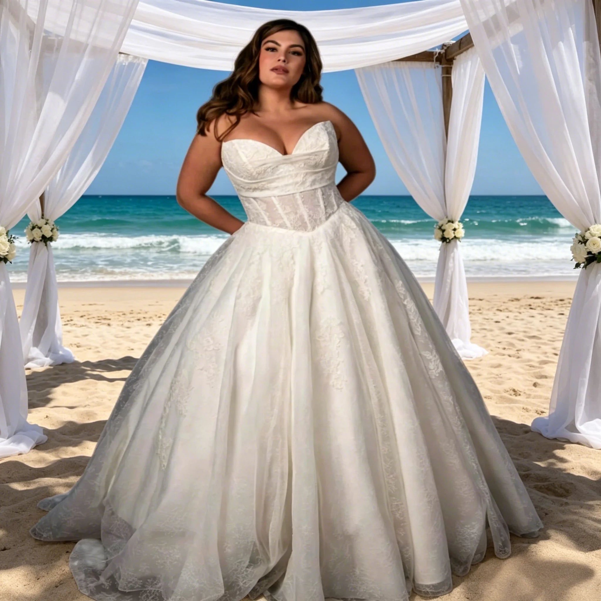 Women Plus Size Sweetheart Strapless Wedding Gowns Lace Tulle A Line Floor Length Bridal Dresses for Wedding Evening Party
