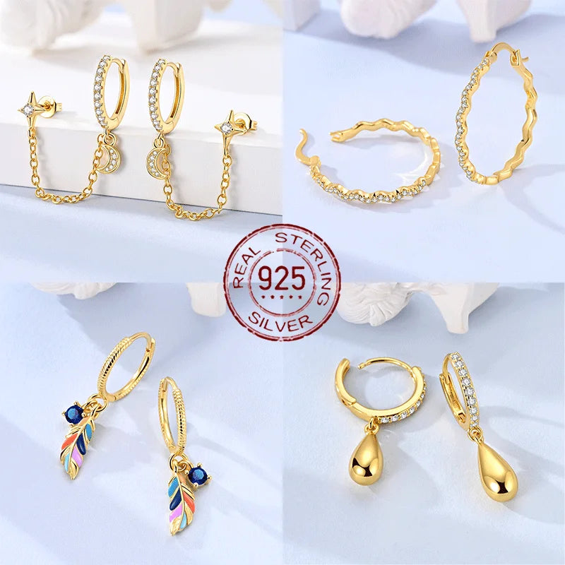 Gold Serie Hoop Earrings 925 Sterling Silver Sparkling Irregular Shape Feather Star Earrings Stud for Woman Girl Jewelry Gift
