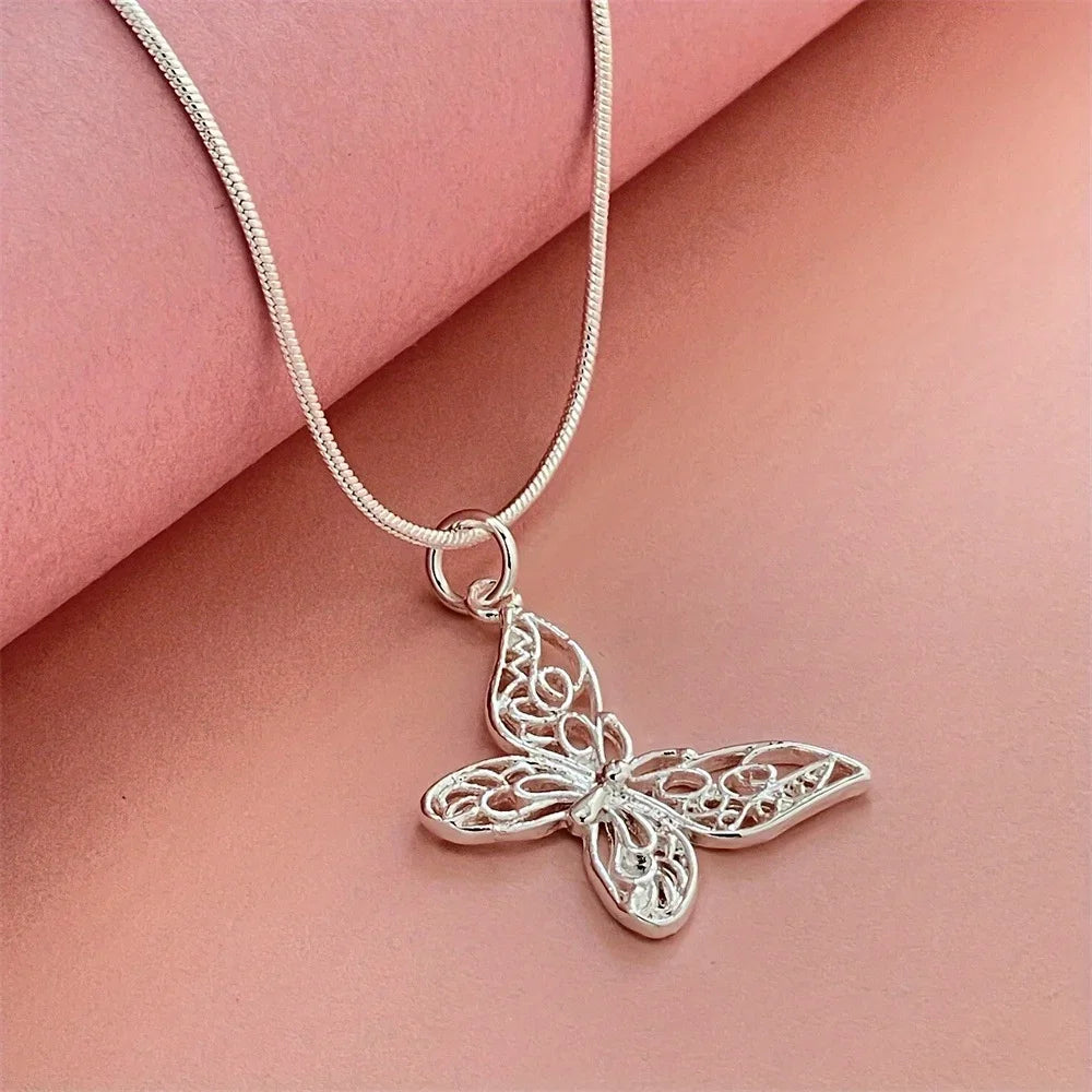 Fashion kpop 925 Sterling Silver Butterfly Necklace 18/20/22/24/28/30 inch Snake Chain For Women Wedding Engagement Jewelry