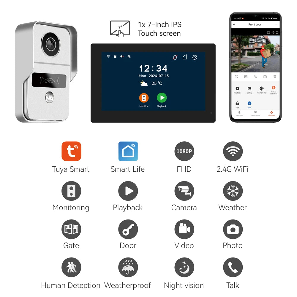 New Tuya Smart Doorbell HD Camera Home Video Intercom Wifi 2 Wires 7/10 Inch Wireless Video Doorphone System 5-in-1 NFC Unlock