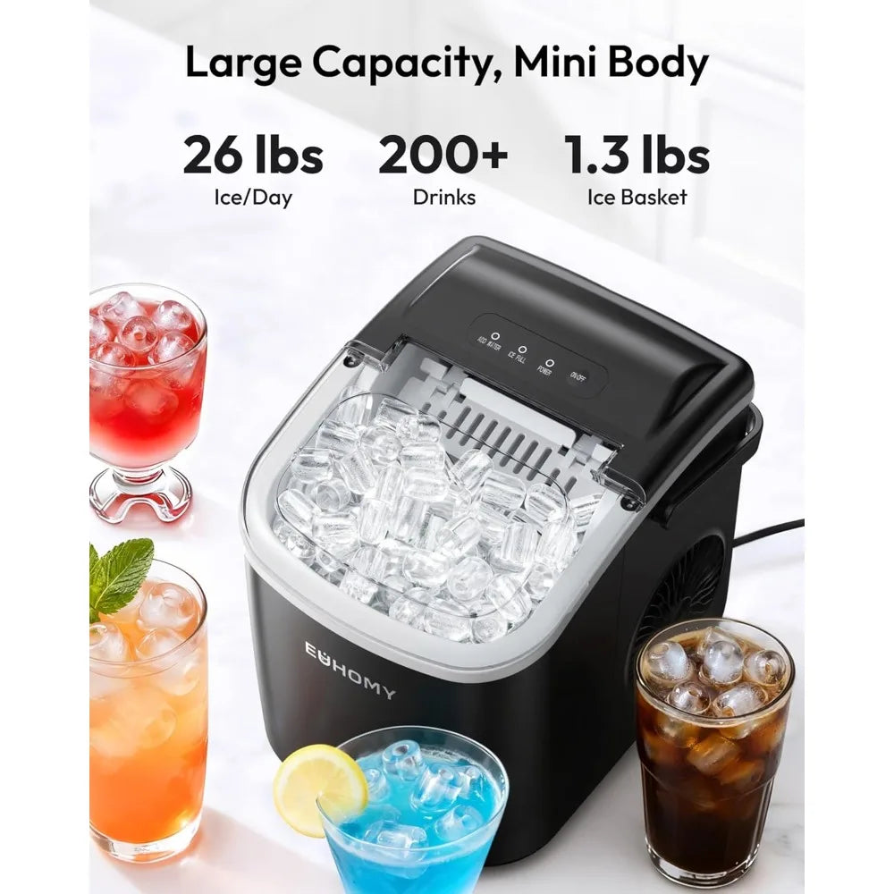 Countertop Ice Maker, 26.5lbs/Day, 9 Bullet Ice in 6 Mins, Auto-Cleaning, Portable with Handle, Black