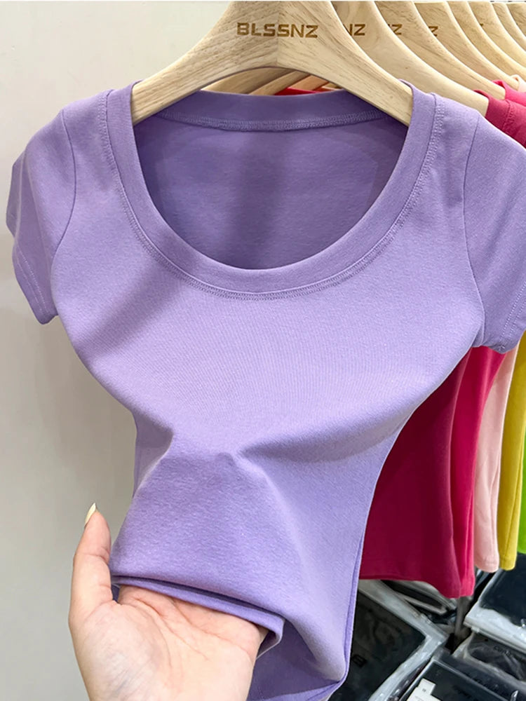 2026 Sexy Square Collar Slim T Shirt Women Cotton Elastic Basic Solid Female Casual Tops Short Sleeve Thin T-shirts See Through