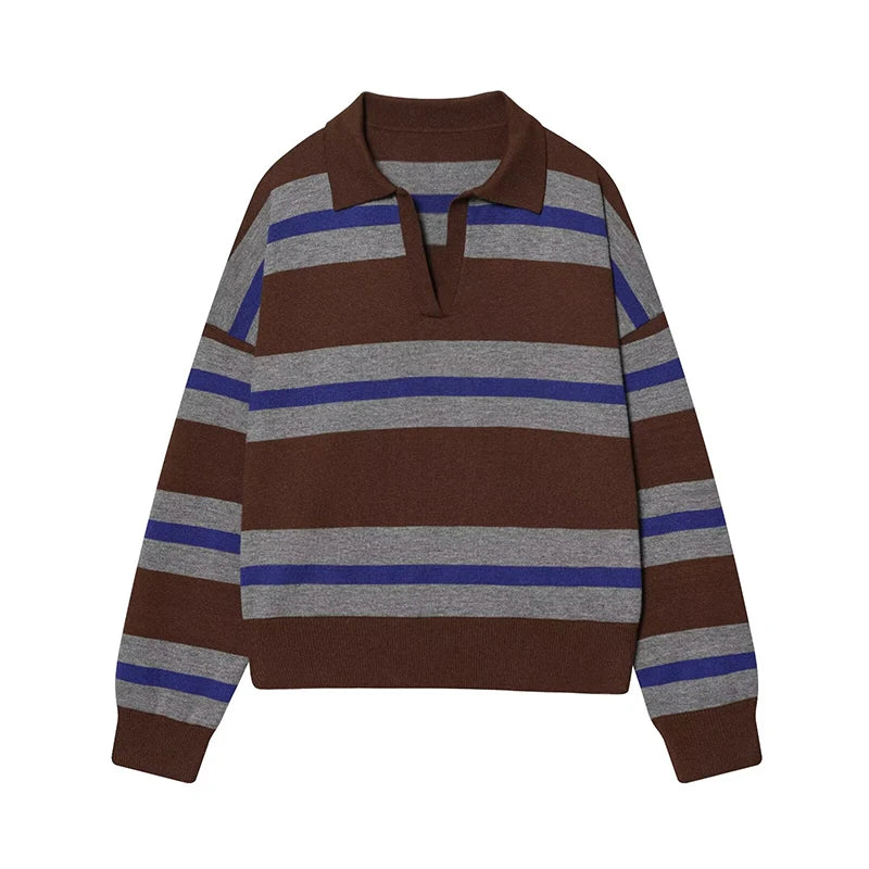 Women's 2026 New Knitted Striped Sweater Polo neck Pullover Spring Fashion Loose Elegant Warm Young Women Sweater Street Blouses