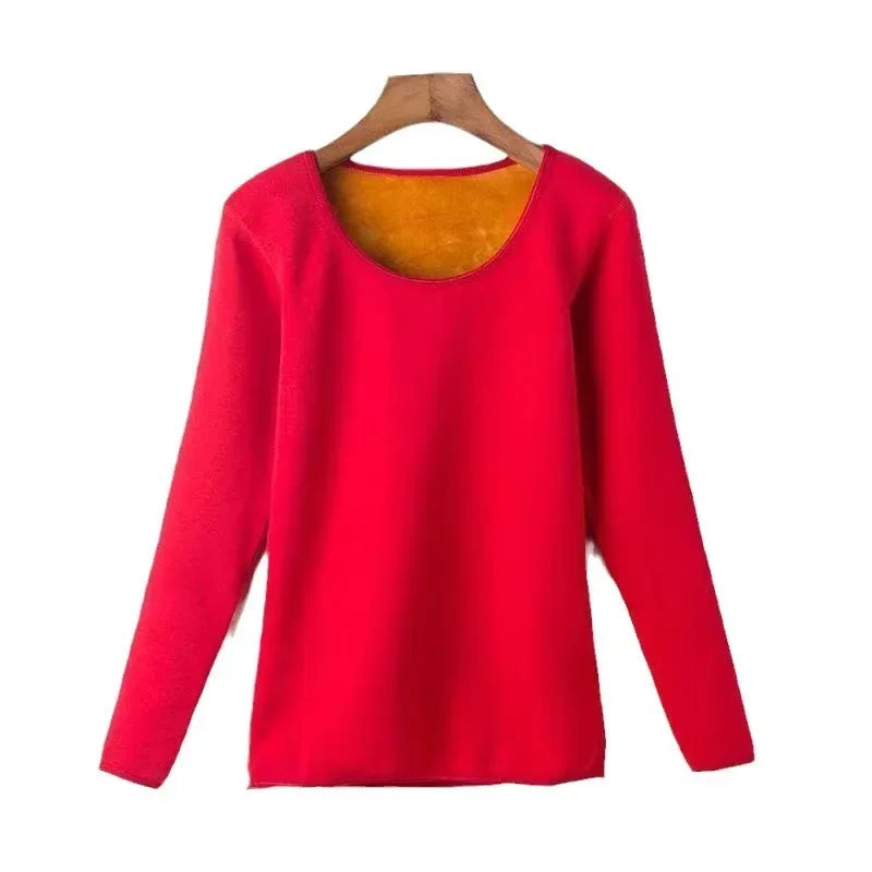 Thermal Underwear Women's Autumn/Winter Round Neck Fleece-Lined T-Shirt Base Layer Top Thickened Inner Solid Warm Bra
