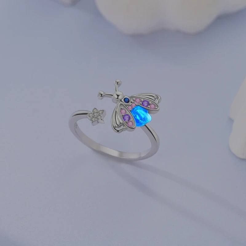 Original 925 Sterling Silver Luminous Firefly Elf Open Rings for Women Girls Jewelry Birthday Anniversary Gifts