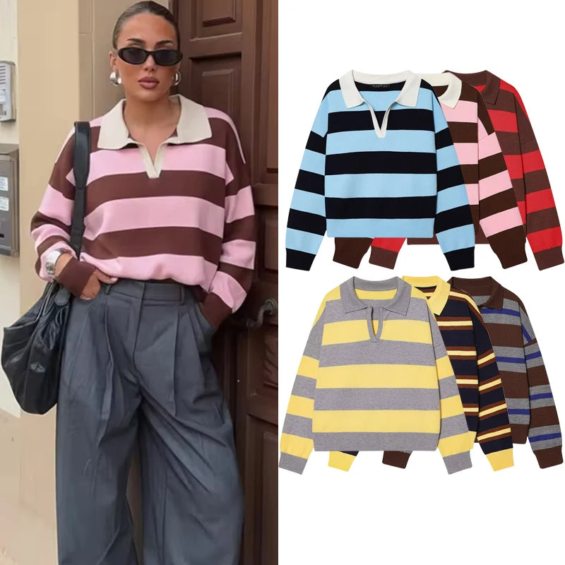 Women's 2026 New Knitted Striped Sweater Polo neck Pullover Spring Fashion Loose Elegant Warm Young Women Sweater Street Blouses