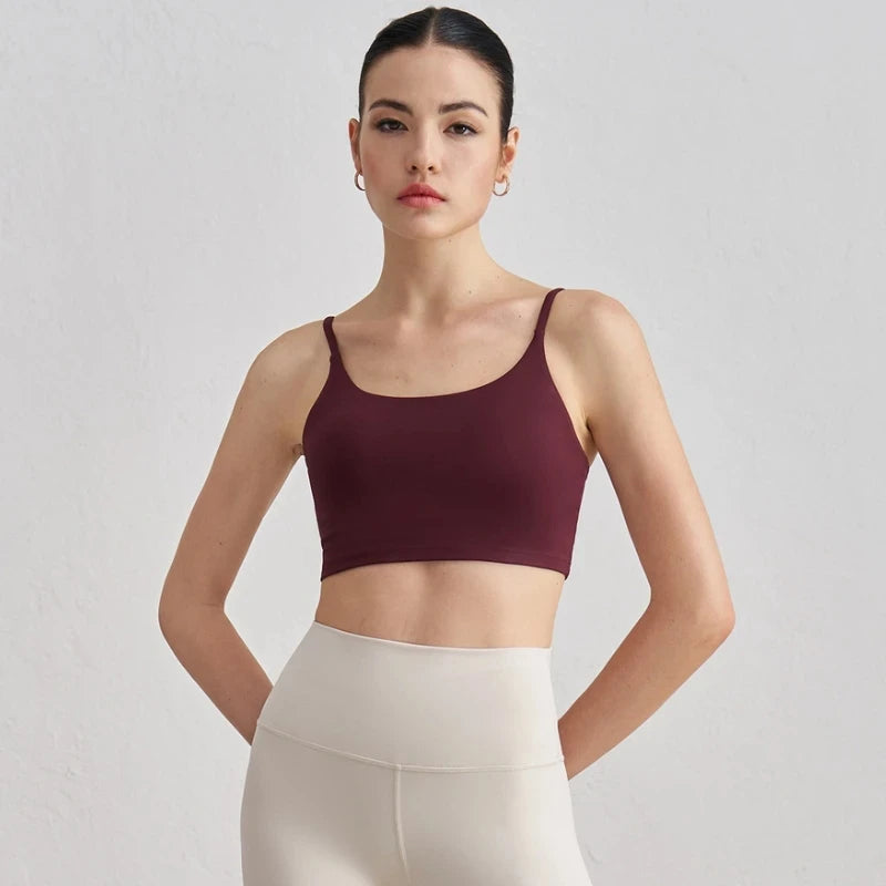 Solid Color Tight Fitness Women Sport Bra Spaghetti Strap Gym Yoga Bra Athletic Underwear Soft Top Workout Train With Chest Pad