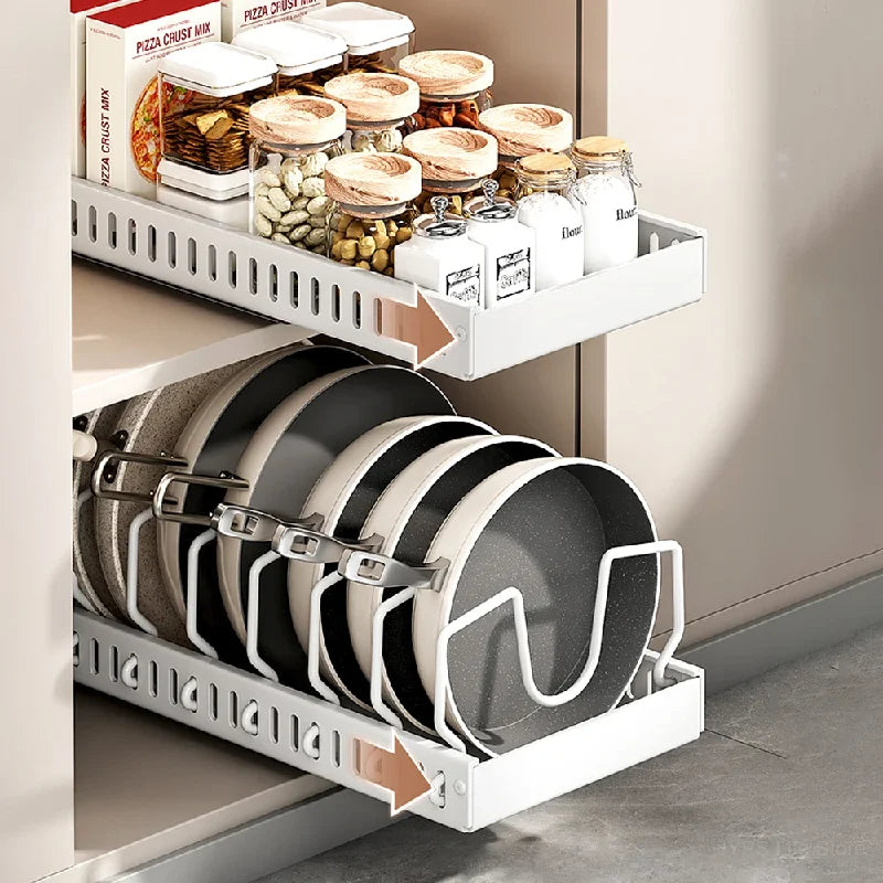 Under Cabinet Sliding Pots and Pans Organizer - Pull Out Kitchen Storage Tray with 8 Adjustable Dividers for Lids and Cookware