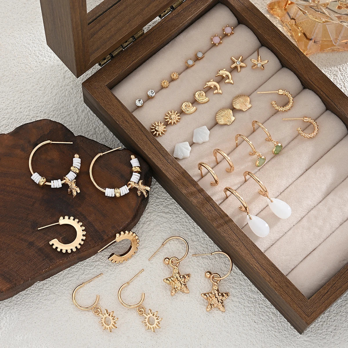 36 Pcs Starfish Shell Fish Earrings Set for Women Fashion Metal Geometric Huggie Hoop Stud Earrings Boho Summer Beach Jewelry