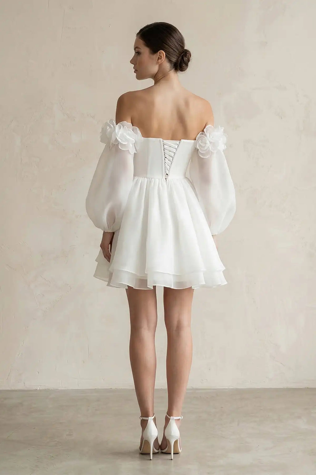 Women's Wedding Dresses White Ivory Bridal Gowns Short Off-the-Shoulder 3D-Flower Chiffon Long Sleeve Wedding Dress in Ivory