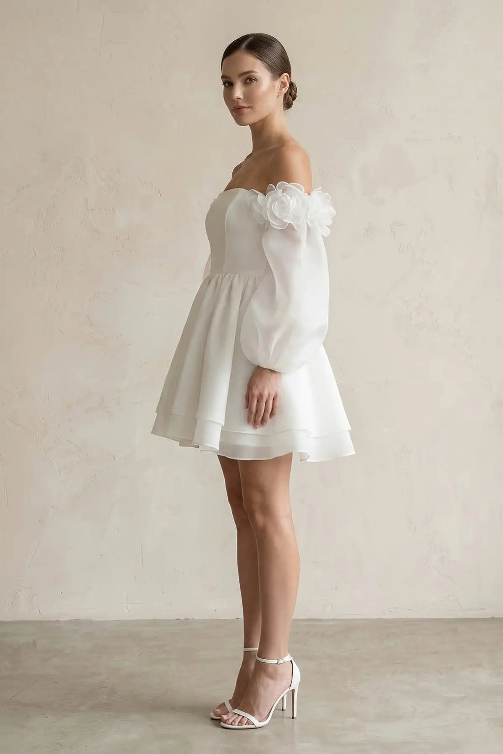 Women's Wedding Dresses White Ivory Bridal Gowns Short Off-the-Shoulder 3D-Flower Chiffon Long Sleeve Wedding Dress in Ivory