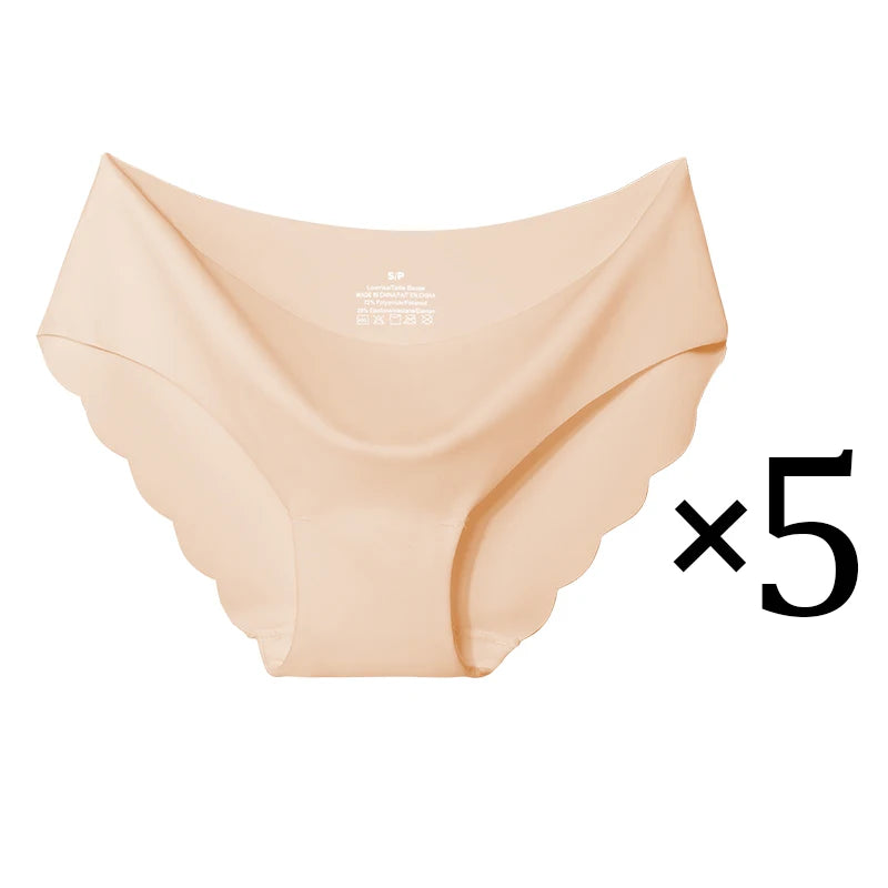 5PCS Women's Summer Ultra-Thin Ice Silk Underwear Seamless Comfort Large Size Briefs Solid Color Wave Underpants Female Lingere