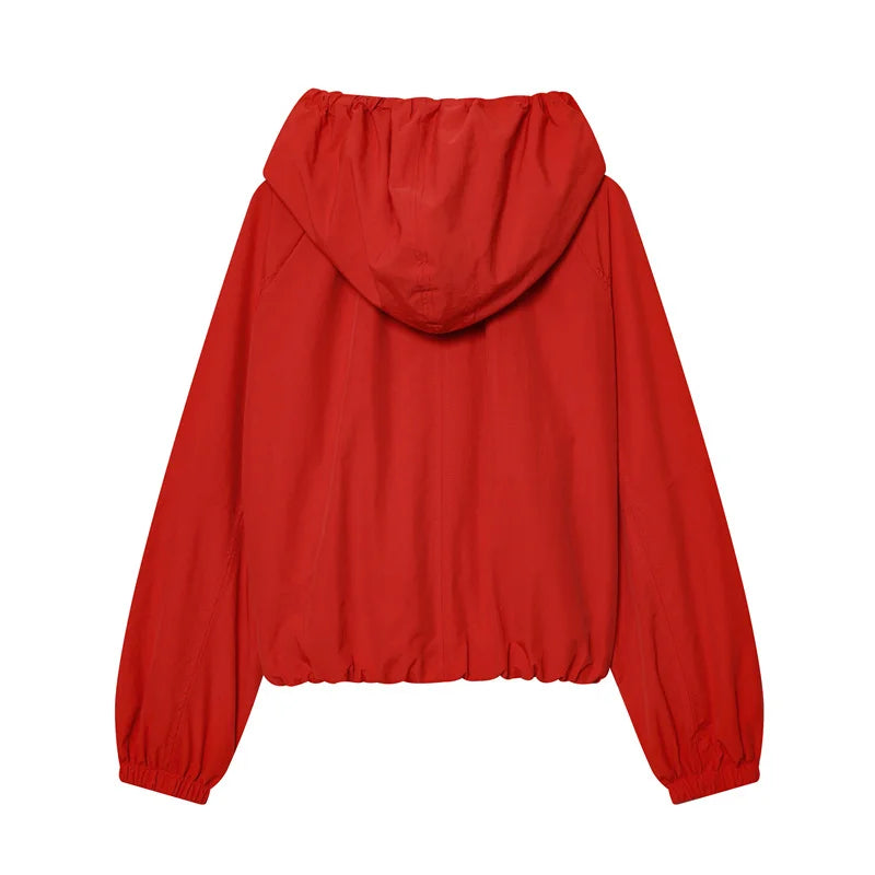 Women's Jacket 2026 Spring New Red Long-Sleeve Drawstring Decorative Festive Hoodie Zipper Cardigan Casual Fashion Versatile