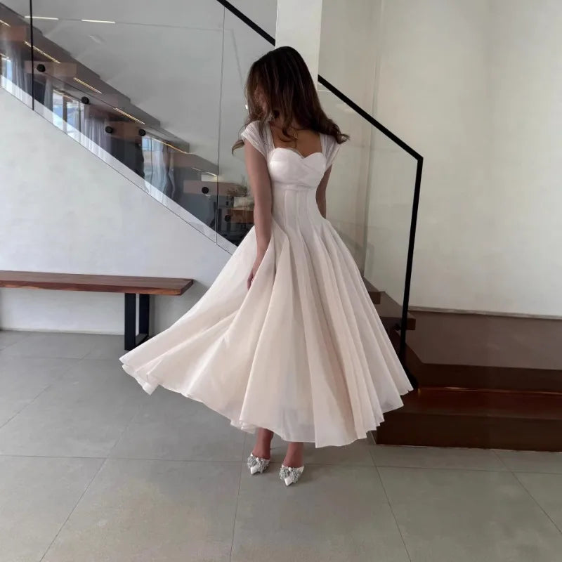 Women's Elegant Tulle Formal Dress Summer Sexy Square Neck Corset Waist A-Line Tea-Length Gown for Wedding Cocktail Party 5