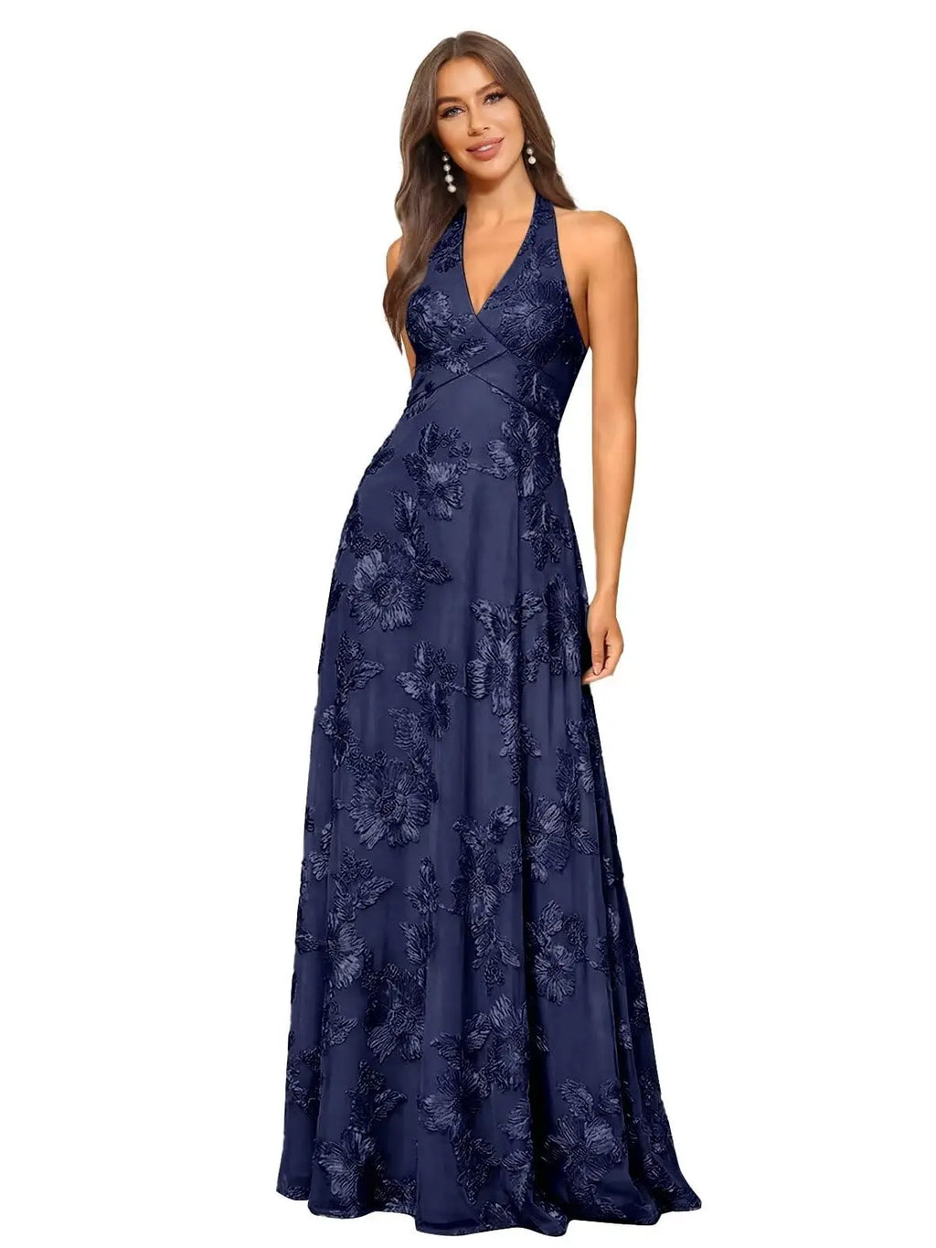 Halter V Neck Floral Lace Appliques Maxi Formal Dresses A Line Long Evening Gowns for Women Beach Wedding Guest Prom Party